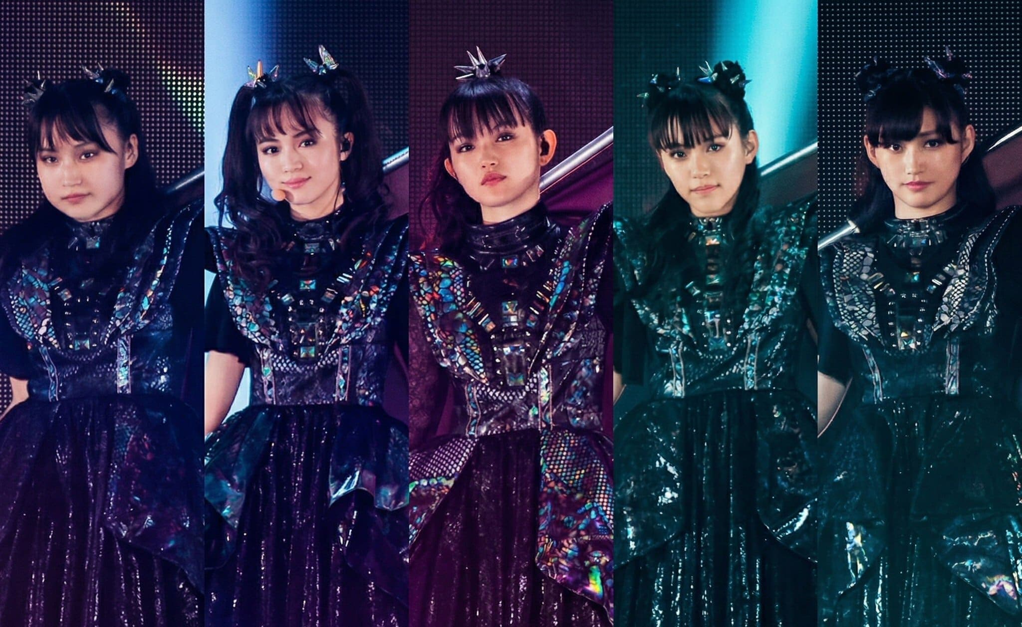 BABYMETAL con el sistema de Avengers en gira internacional 2019, SU-METAL y MOAMETAL junto a una de las bailarinas Avengers en el escenario